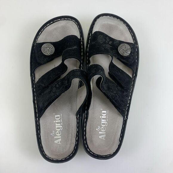 Alegria Strappy Slide Sandal Black Nubuck Embossed Slip On Womens 40 9.5 - 10 - Picture 11 of 15